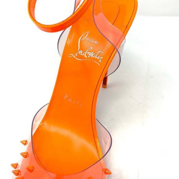 CHRISTIAN LOUBOUTIN ORANGE SPIKOO NEON FLUO PERLE PVC HEELS SIZE 38.5 RED SOLE - Picture 7 of 13